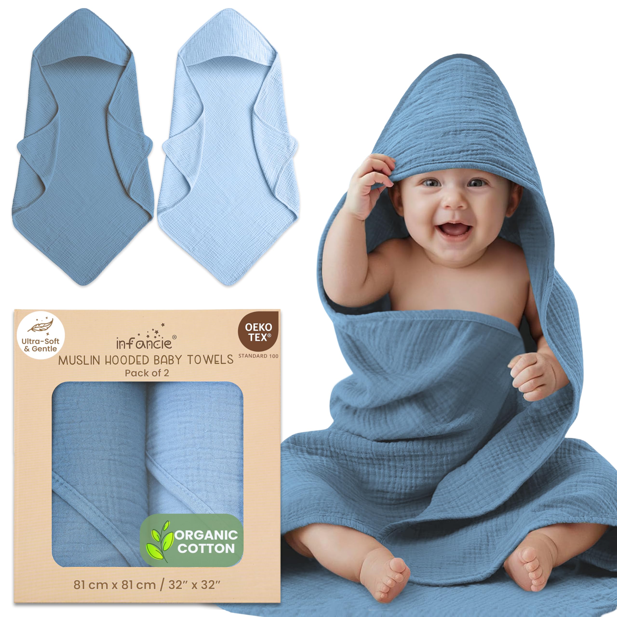Infancie Deep Blue hooded towel in organic cotton, soft wrap for newborn bath time.
