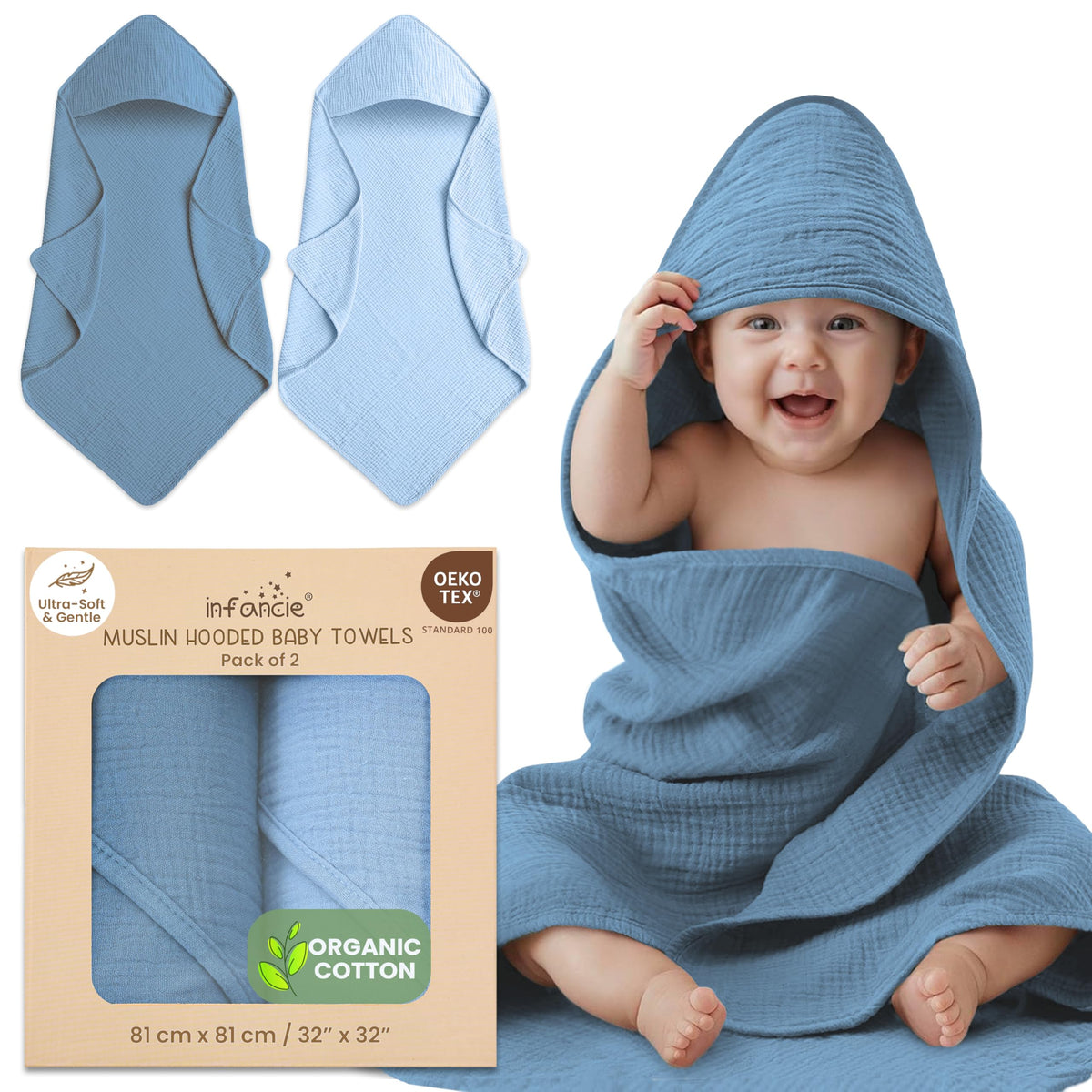 Infancie Deep Blue hooded towel in organic cotton, soft wrap for newborn bath time.