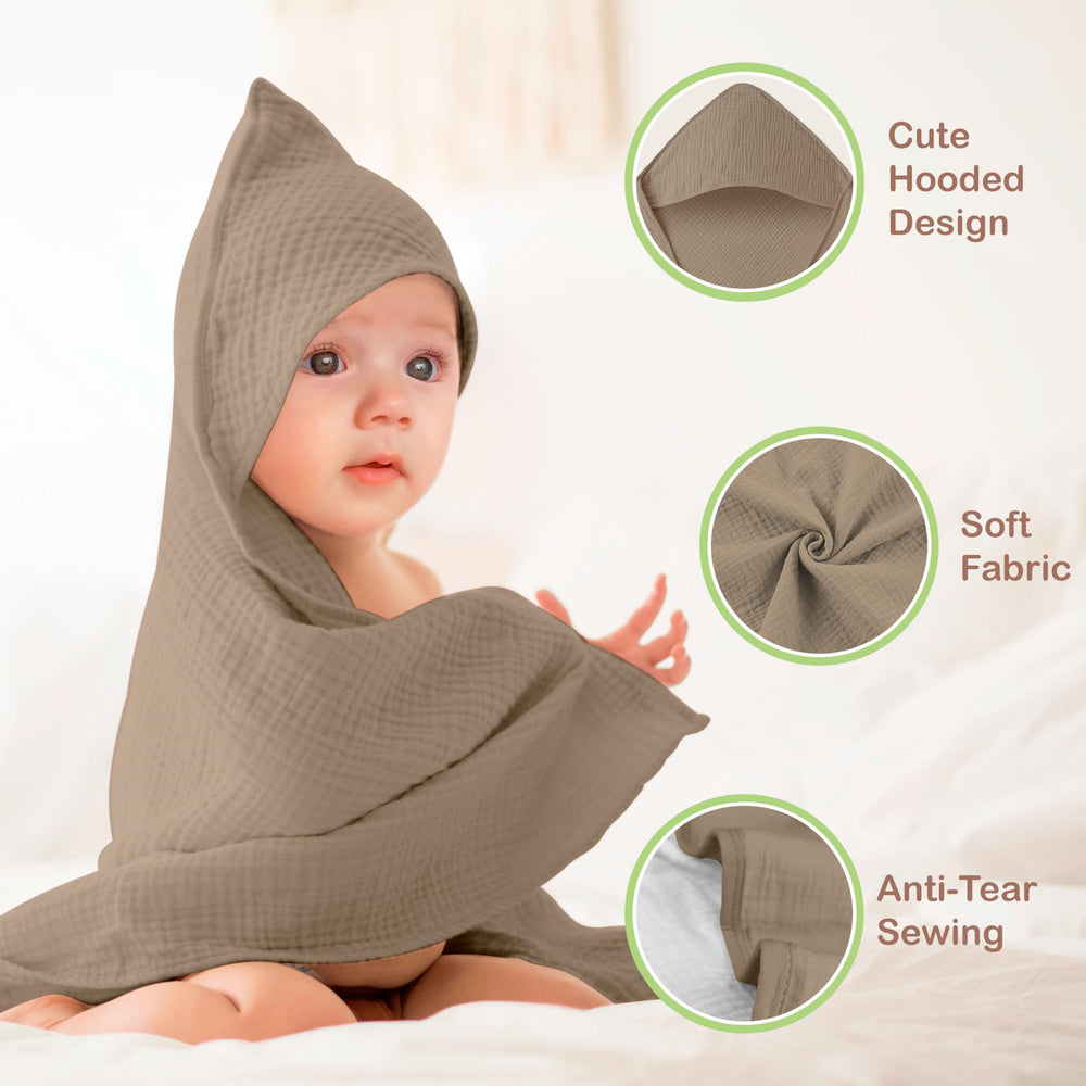 Infancie 32x32-inch olive/ivory hooded towel close-up, plush and absorbent