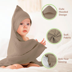 Infancie 32x32-inch olive/ivory hooded towel close-up, plush and absorbent