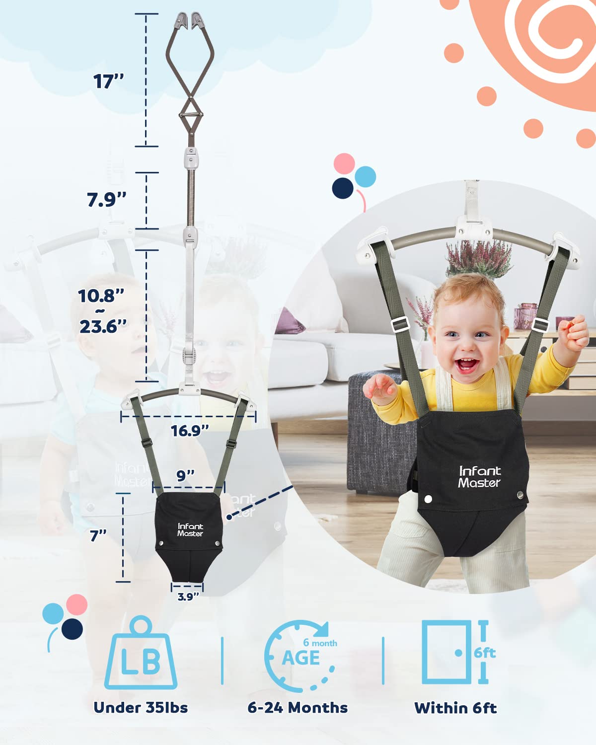 Removable washable seat bag on Infant Master jumper for easy cleaning