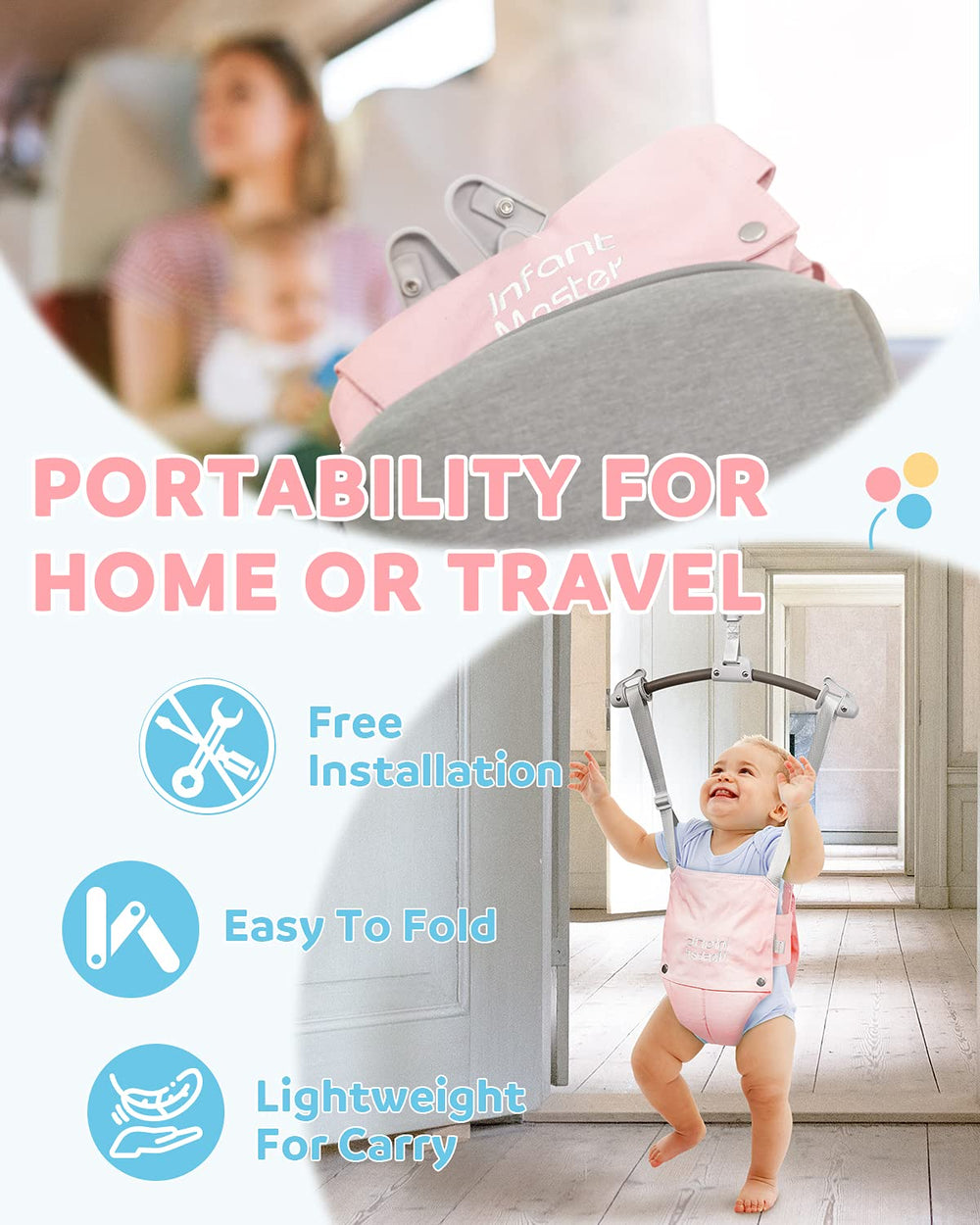 Infant Master adjustable-height jumper fits growing babies for versatile use.