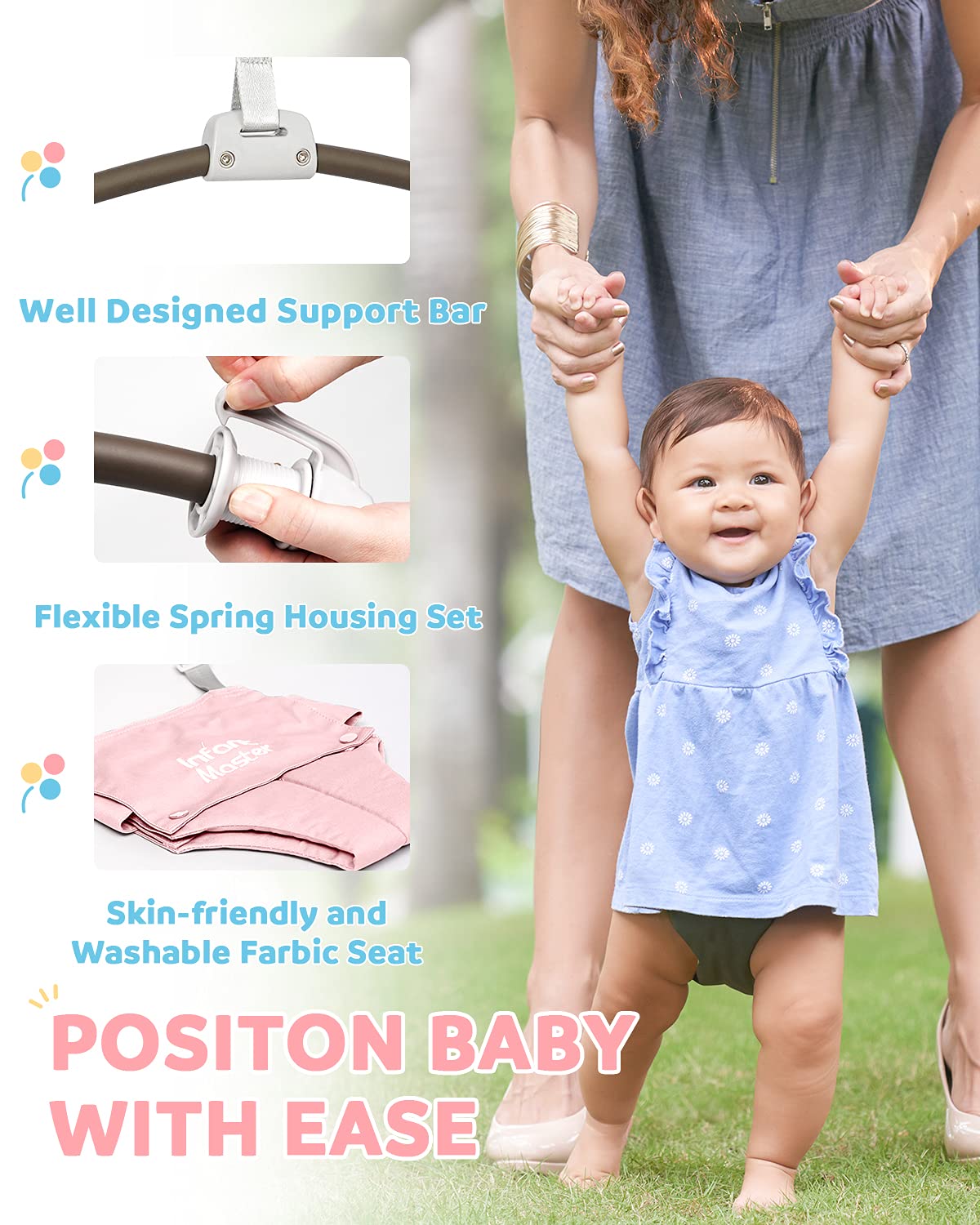 Infant Master washable seat bag simplifies cleaning after play.