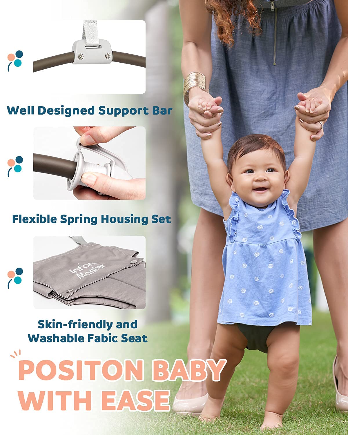 Infant Master grey jumper blends with home decor and is travel-friendly.