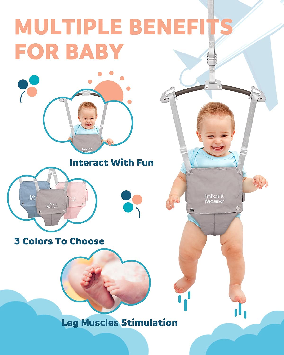 Infant Master seat bag provides spine support during bouncing.
