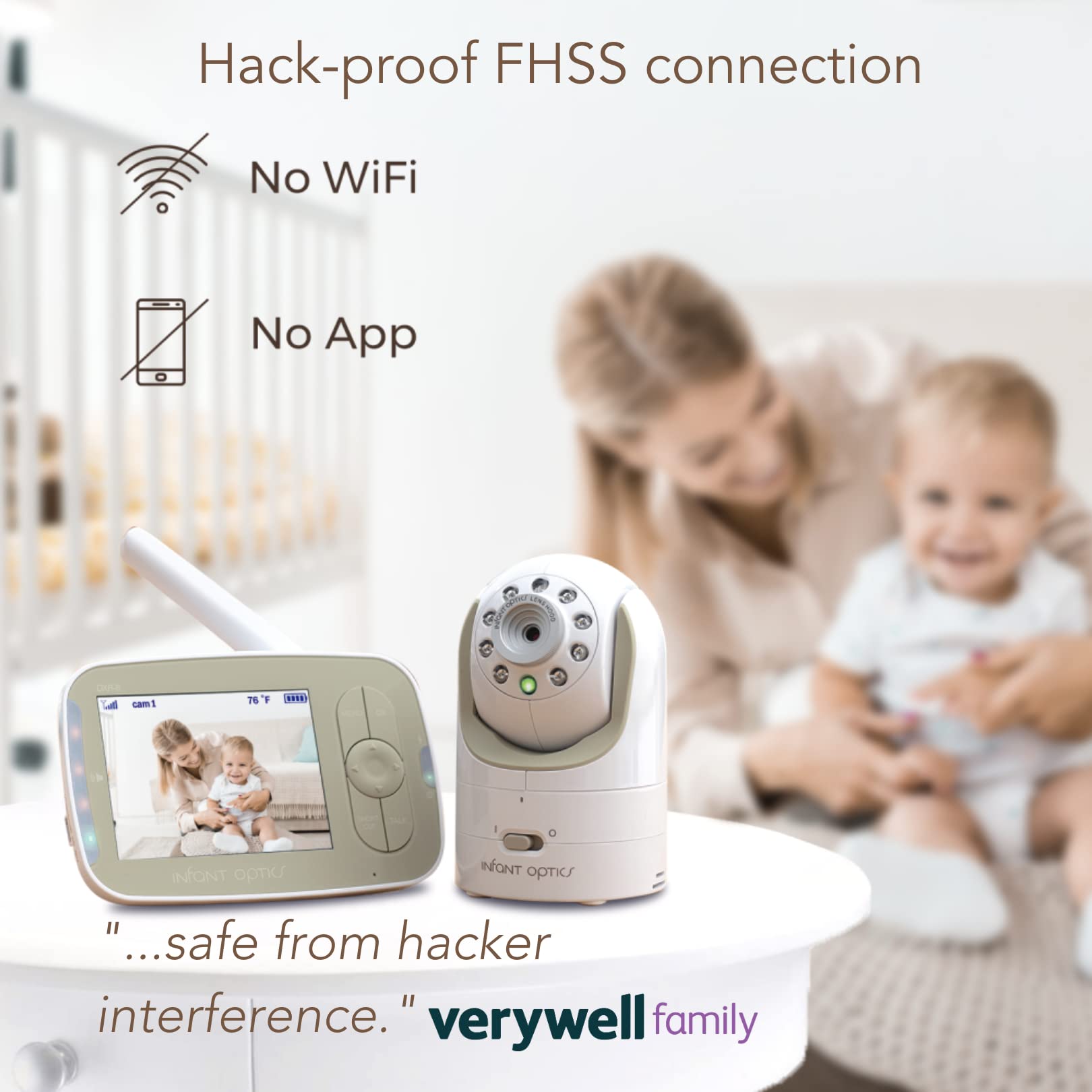 Infant Optics DXR-8 wide-angle lens for broader room coverage.