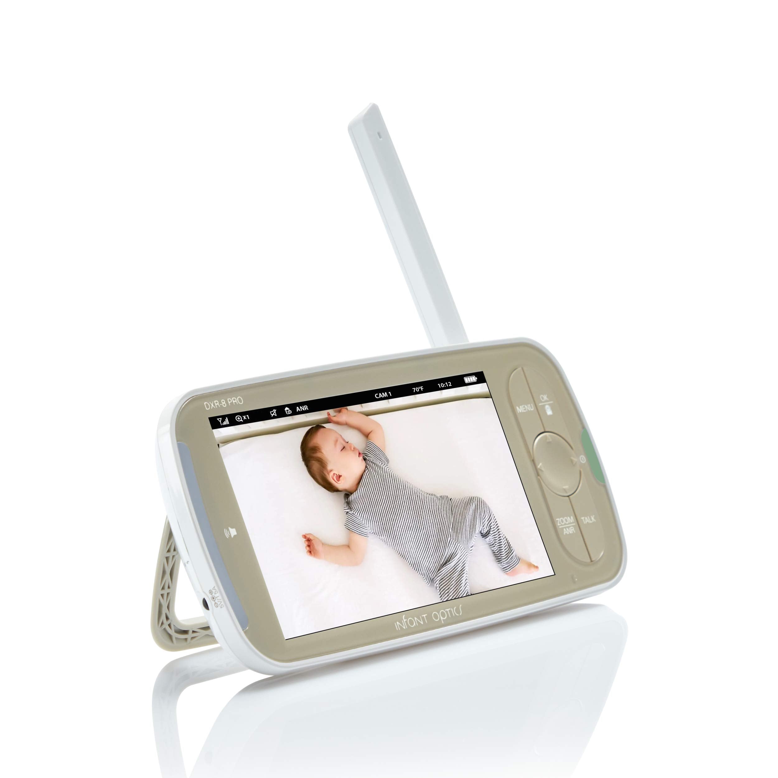 Infant Optics DXR-8 PRO monitor side view shows ports for easy setup.