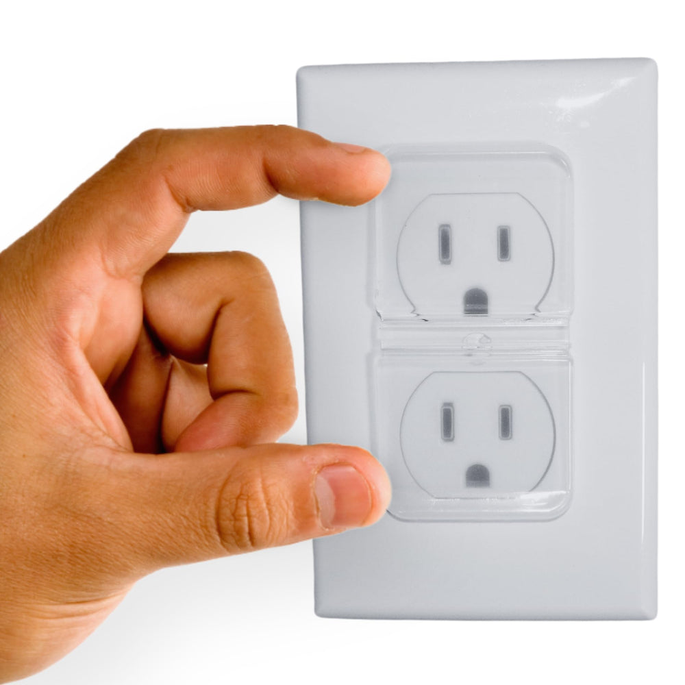 Infant Tree clear double outlet covers with fold design for easy accessibility.