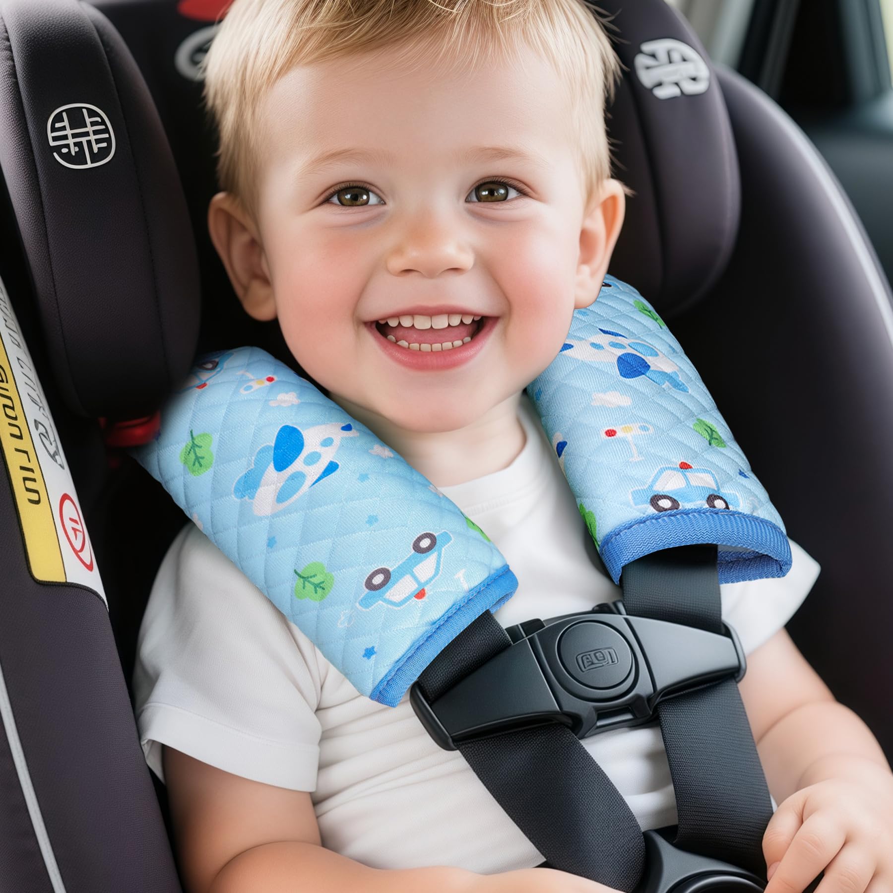 INFANZIA blue strap cover installed on car seat with quick tabs