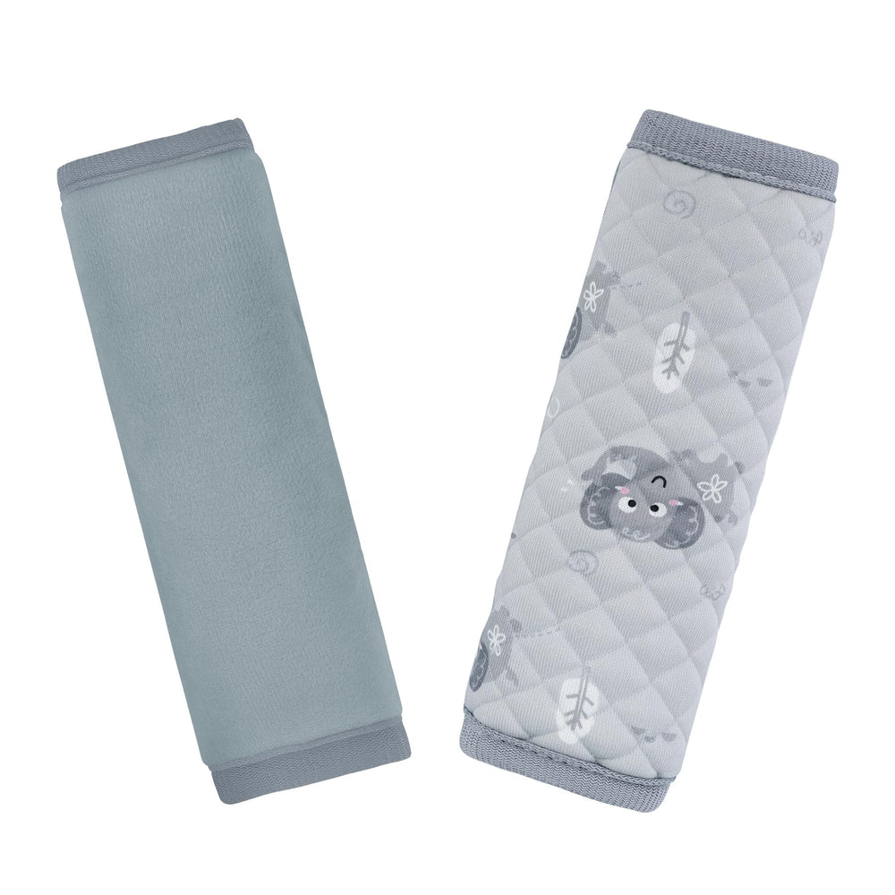 INFANZIA car-seat strap covers in gray provide gentle cushioning for delicate skin.