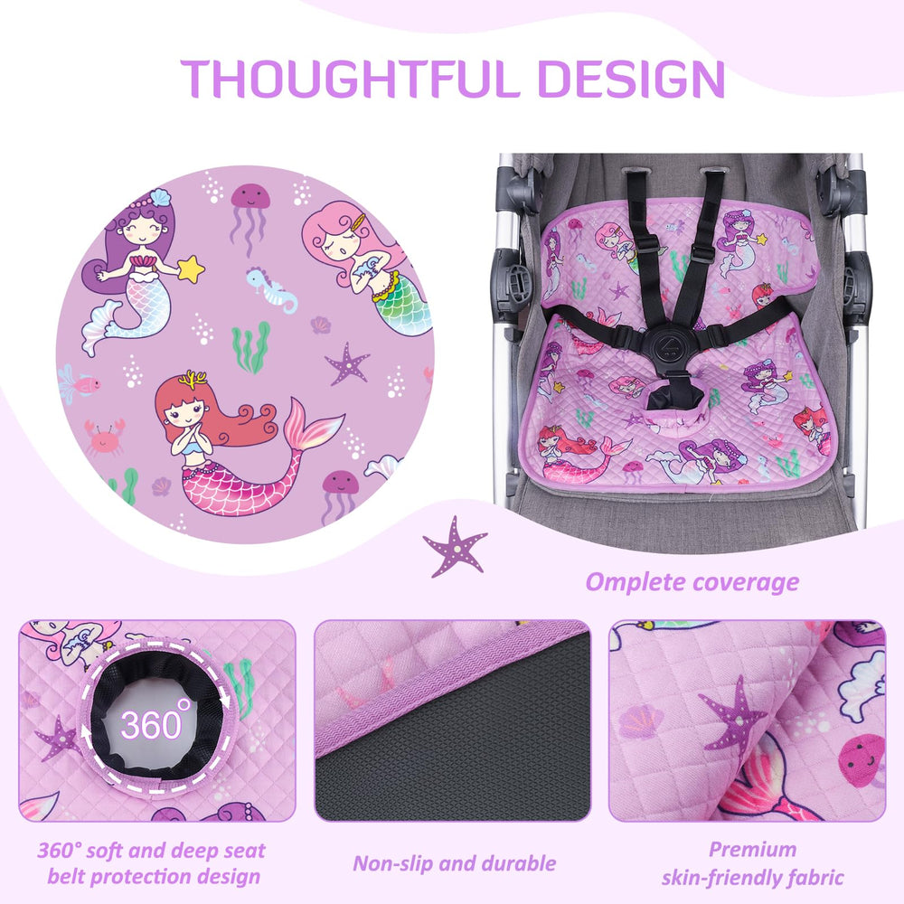INFANZIA Dry Seat purple protector, car seat compatibility, fits most harness systems.