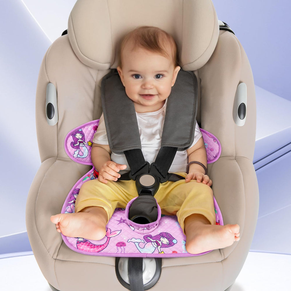 INFANZIA Dry Seat purple protector, in use, provides dry seating for toddlers.