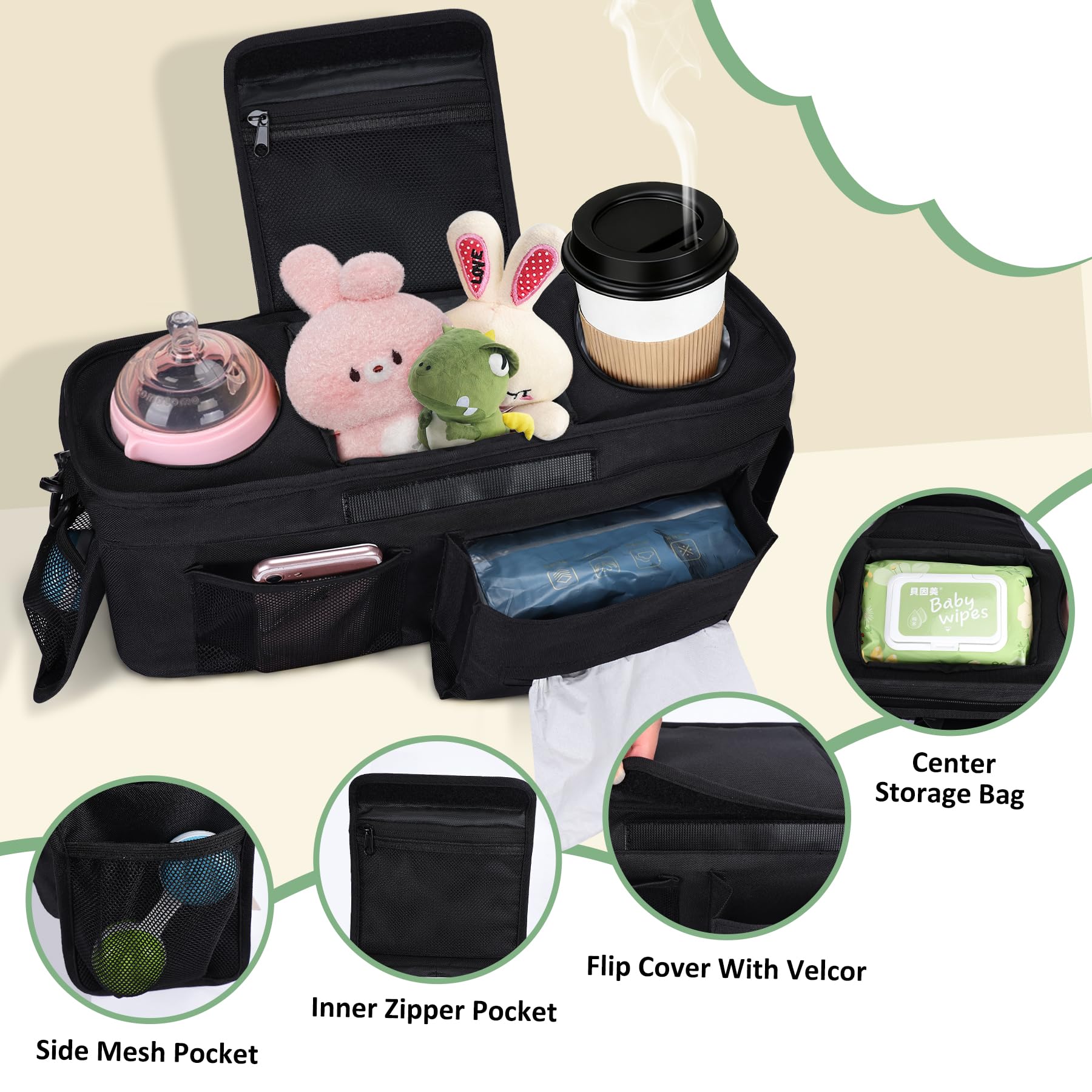 INFANZIA organizer with insulated cup holders preserves beverages during walks