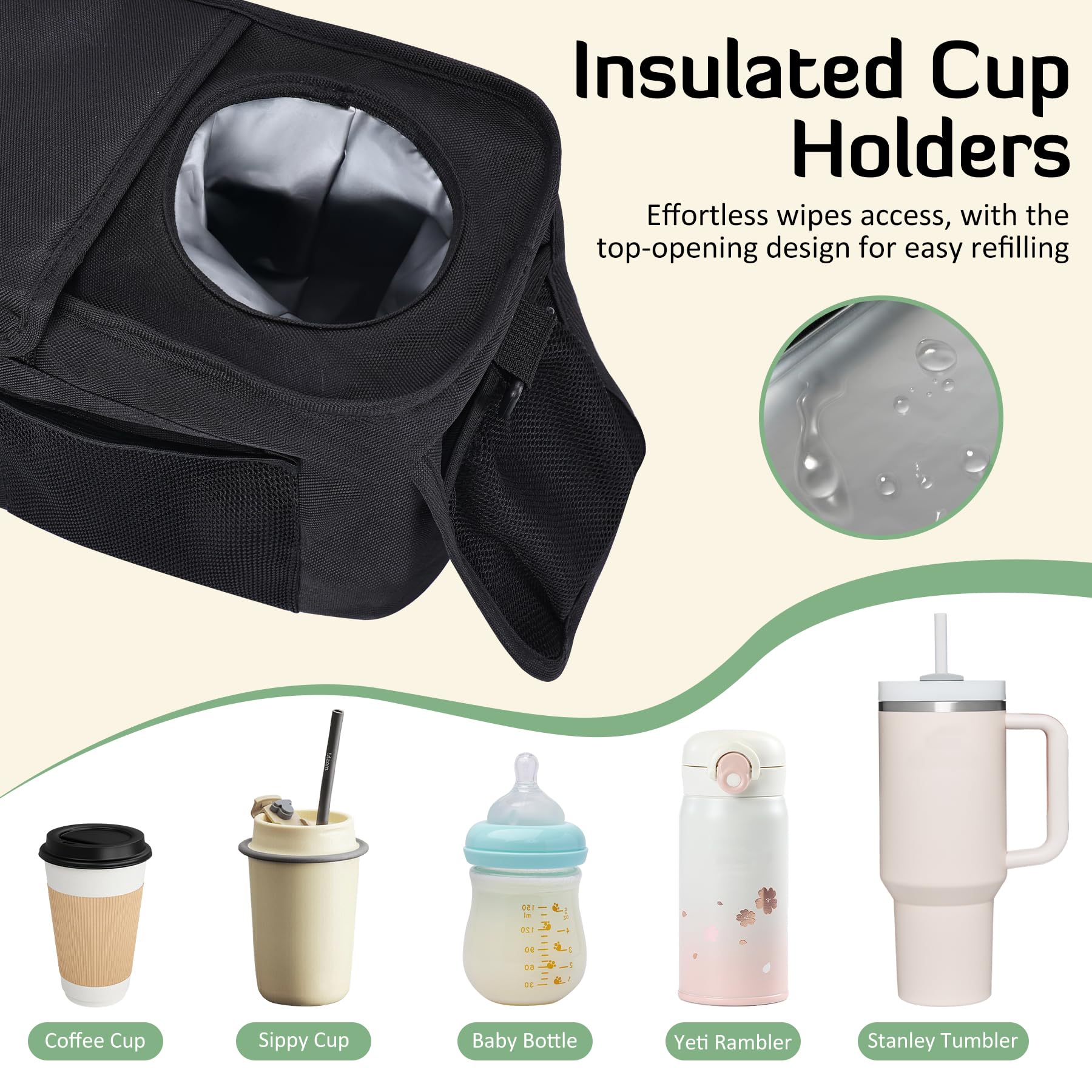 INFANZIA insulated cup holders keep drinks steady on bumpy paths