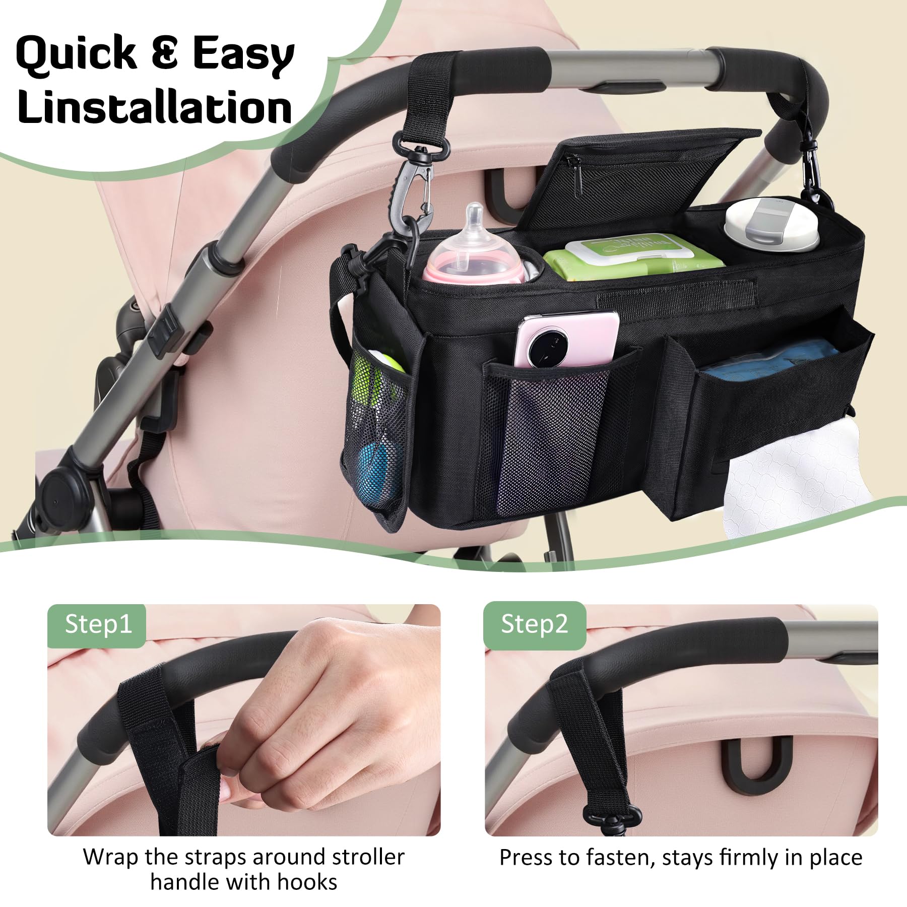 INFANZIA organizer side mesh pockets hold snacks or wipes within reach