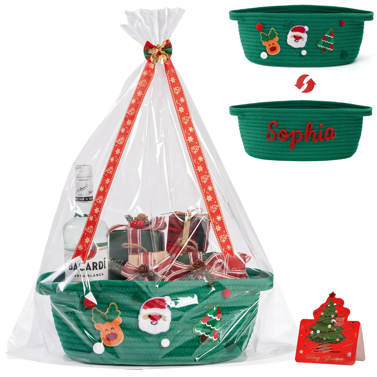 InfiBay Christmas basket empty green with handle ready for gifting.