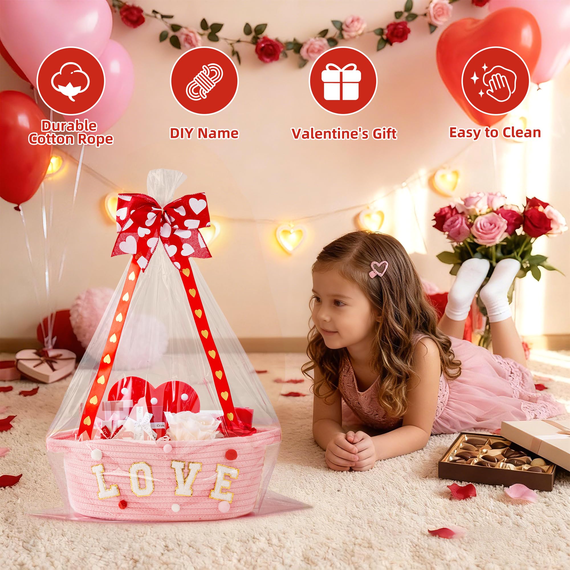 InfiBay Valentines Day Basket love bow to crown the presentation.