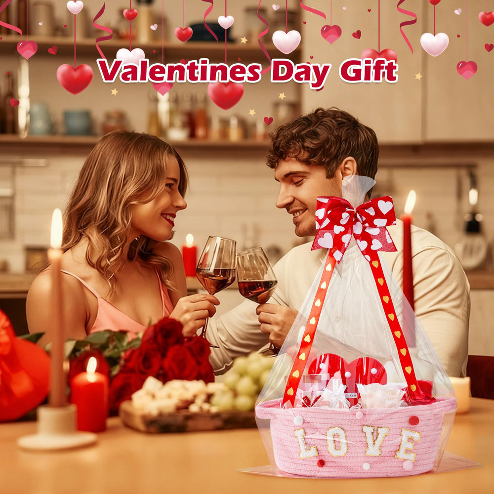 InfiBay Valentines Day Basket pink handle for easy carrying and display.