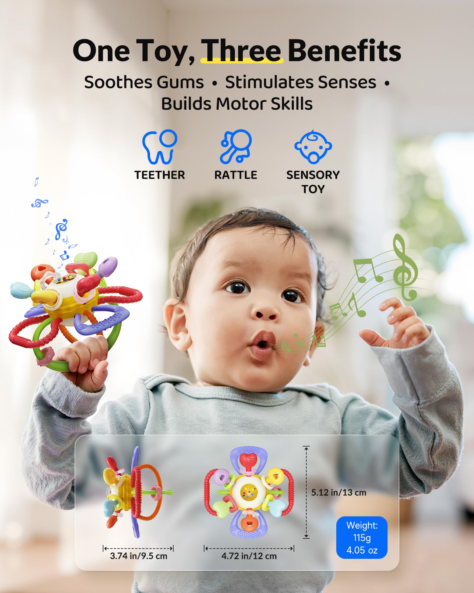 Infinno baby rattle-sounds teether enhances playful teething sessions.