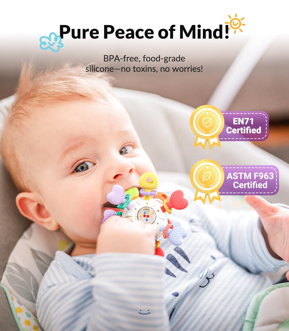 Infinno silicone teether rattle offers safe chewing and soothing sounds.