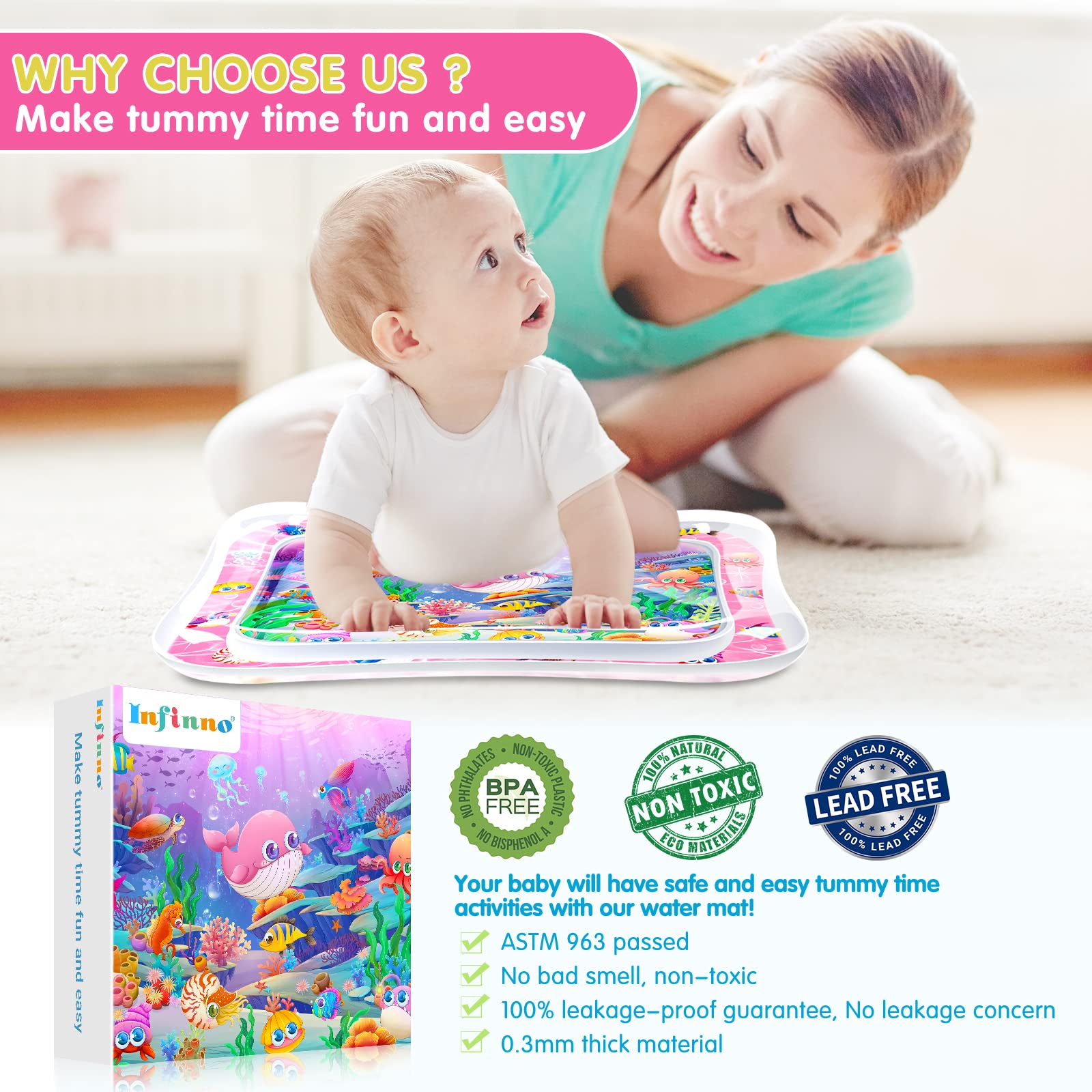 Infinno tummy time pink water mat attractive design makes gift-ready baby toy.