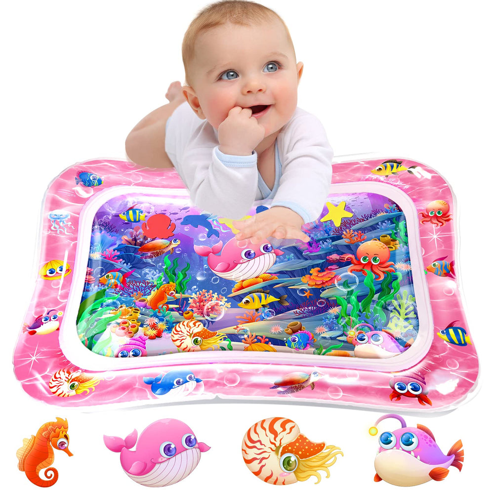 Infinno tummy time pink water mat full view showcases colorful sea animals for sensory play.