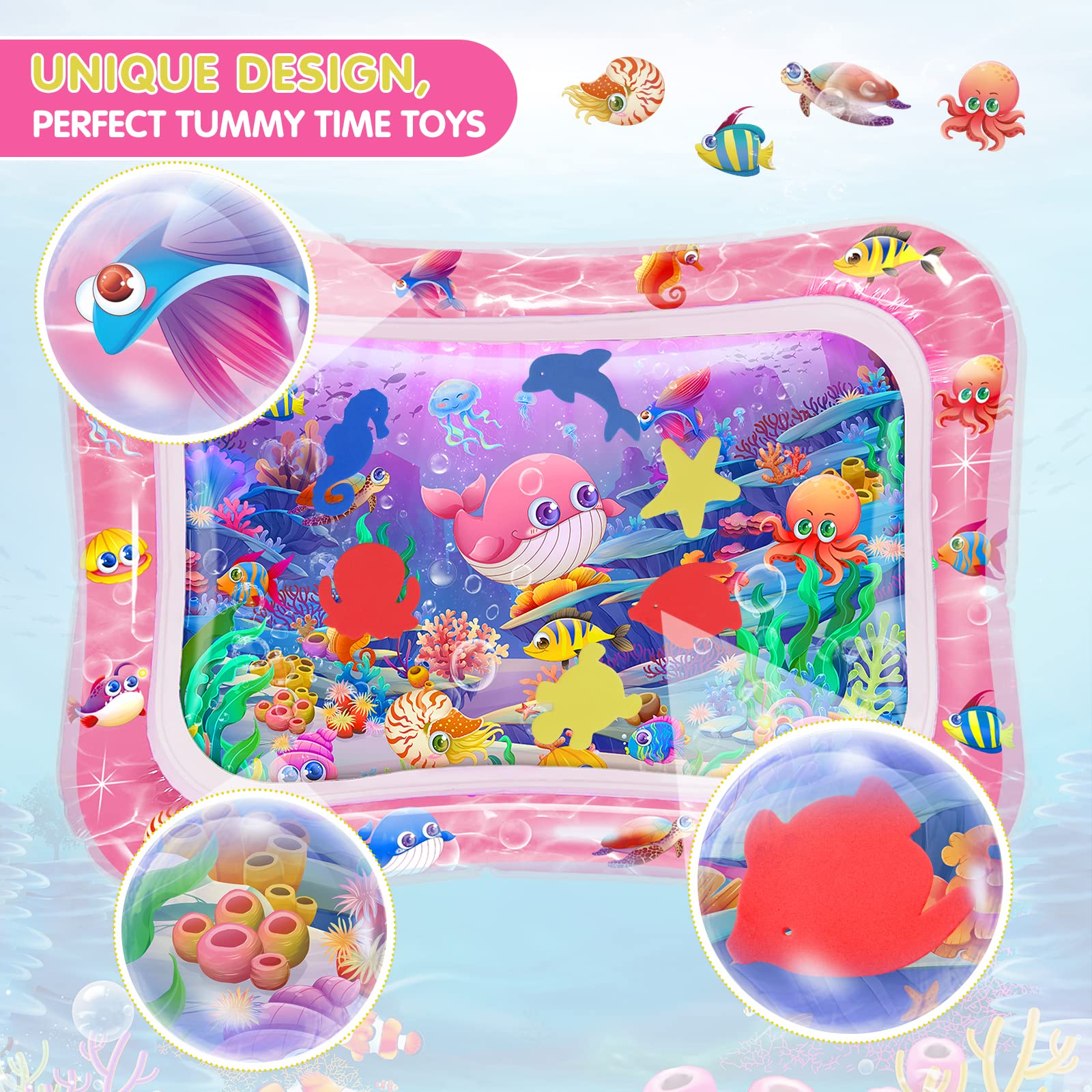 Infinno tummy time pink water mat sea animals during play encouraging exploration and focus.