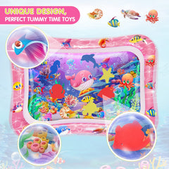 Infinno tummy time pink water mat sea animals during play encouraging exploration and focus.
