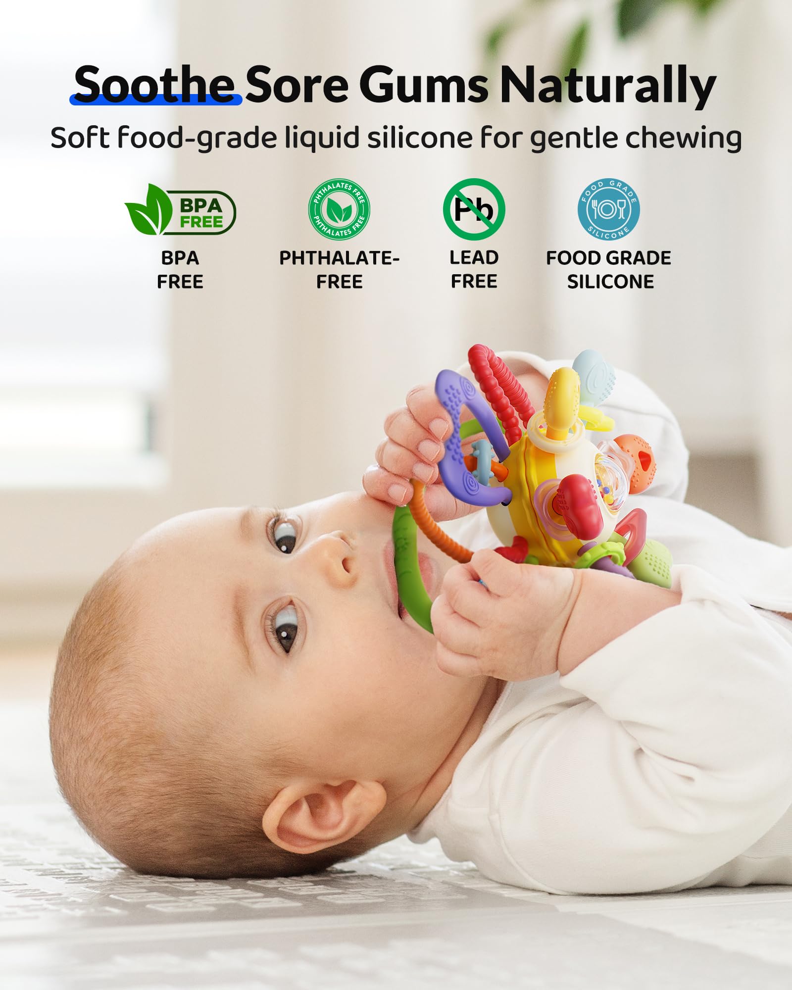 Infinno vibrant-colors teether stimulates visual attention during play.
