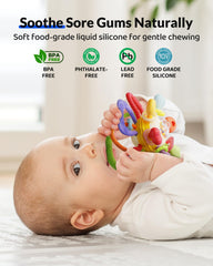 Infinno vibrant-colors teether stimulates visual attention during play.