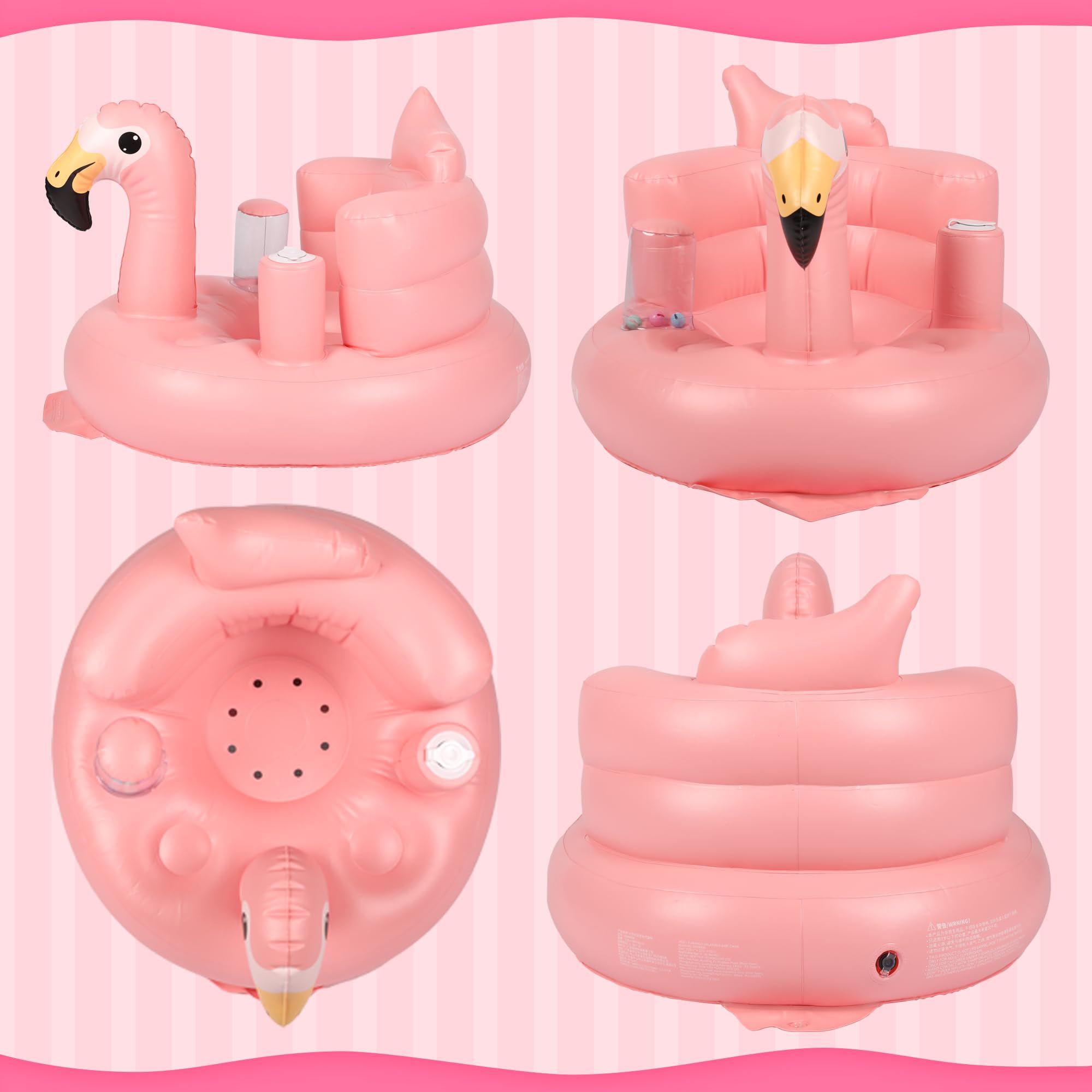 InflateFly baby seat flamingo design close-up to engage infant curiosity.