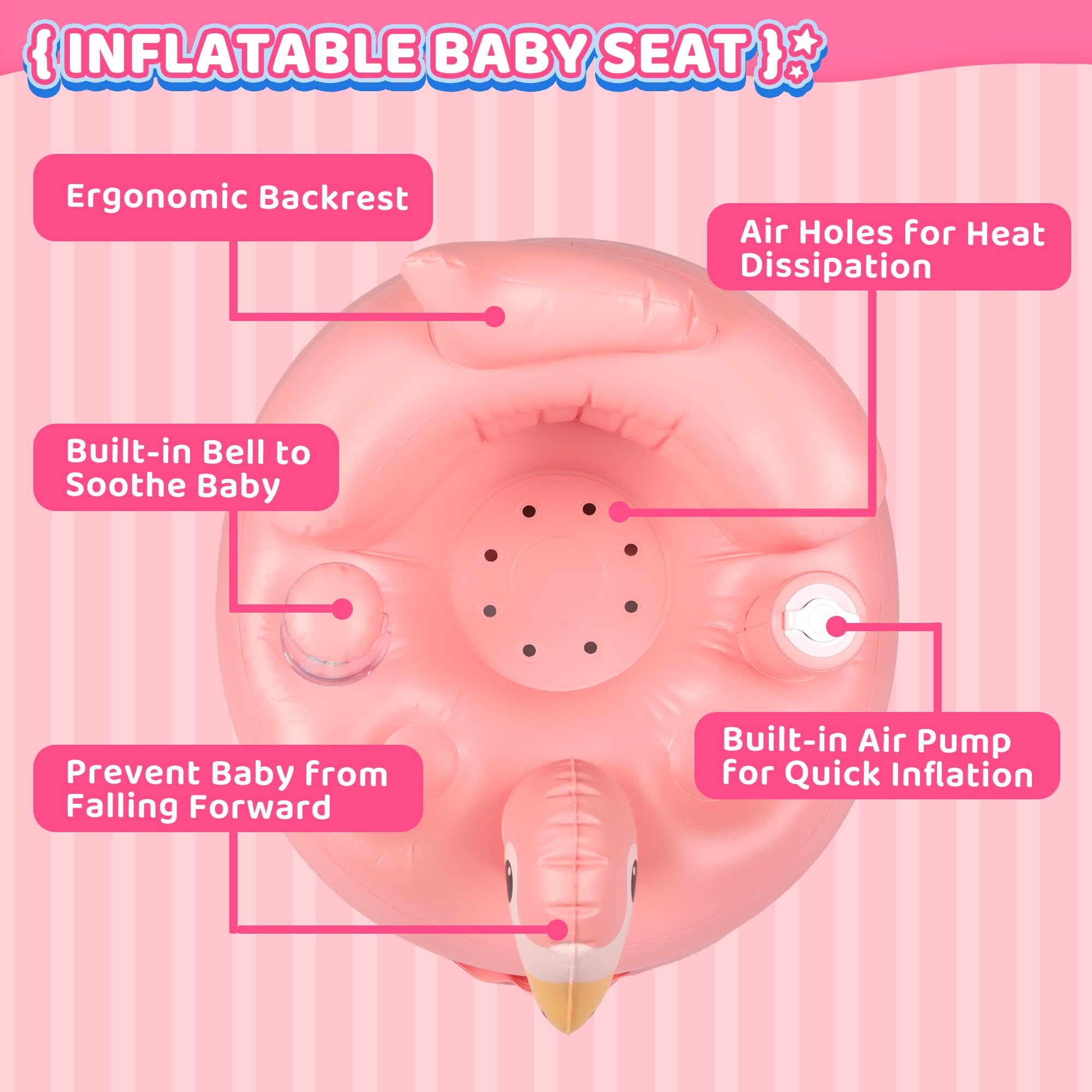 InflateFly baby seat bells close-up showing tinkling sounds for sensory play.