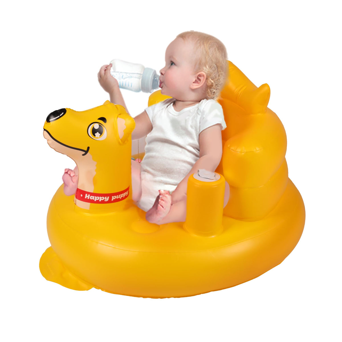 INFLATEFLY baby seat in yellow with puppy design supports upright play and exploration.