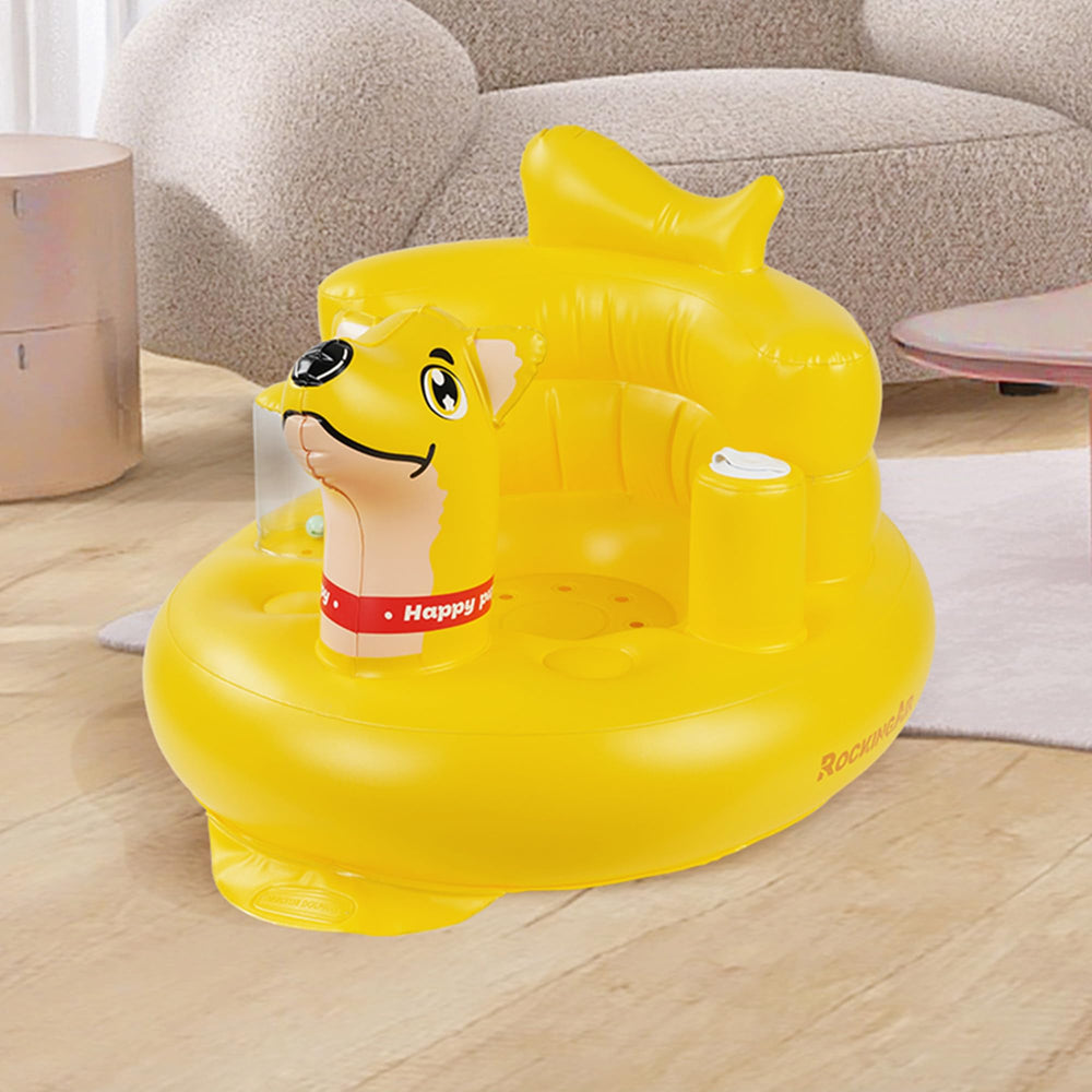 INFLATEFLY travel-friendly baby seat ready for home or trips on yellow surface.