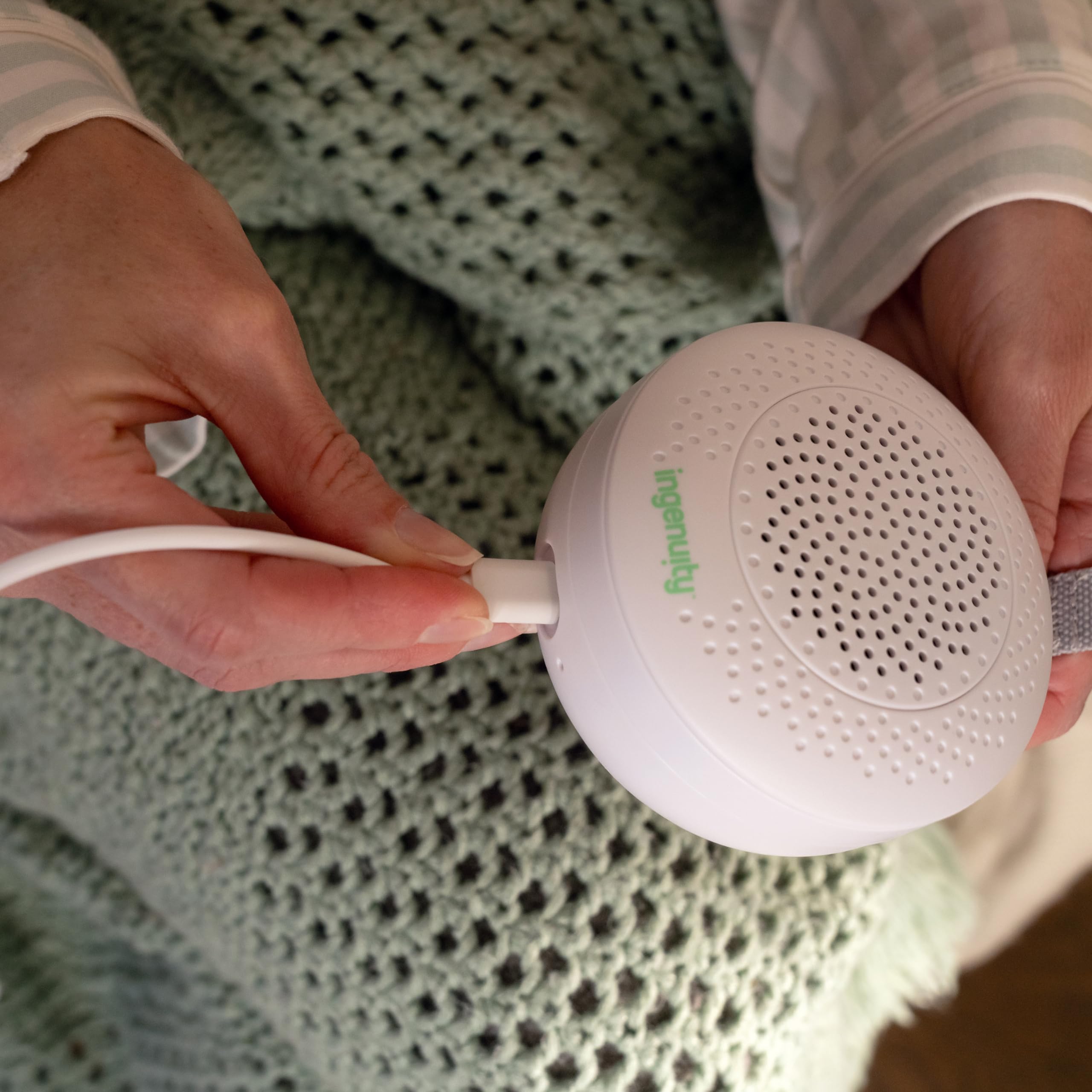Compact design of the Ingenuity Pock-a-Bye soother fits on a dresser or stroller.