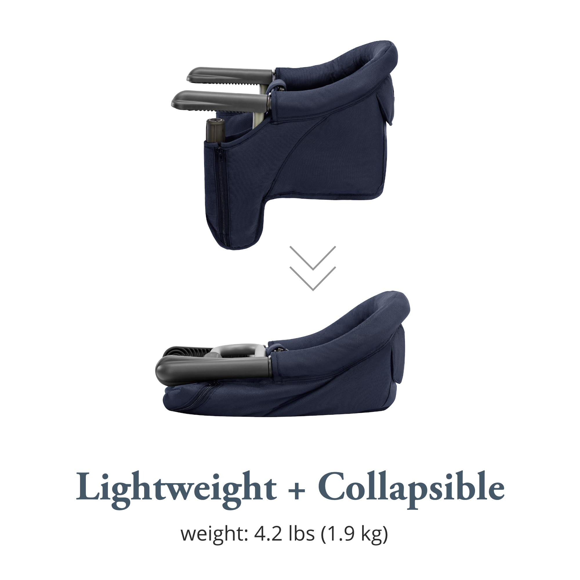 Inglesina Fast Table Chair Navy high backrest for added comfort.