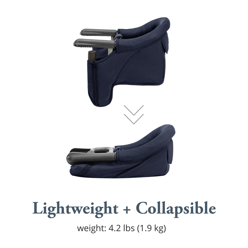 Inglesina Fast Table Chair Navy high backrest for added comfort.