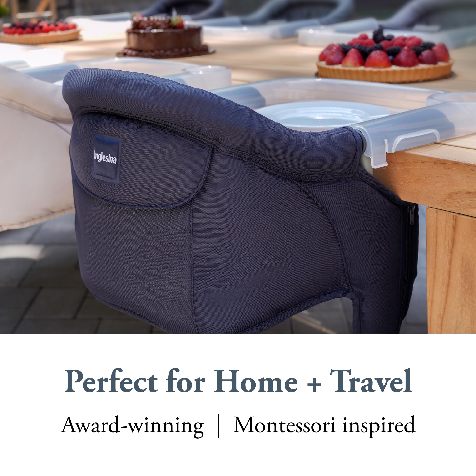 Inglesina Fast Table Chair Navy rear storage pocket for small essentials.