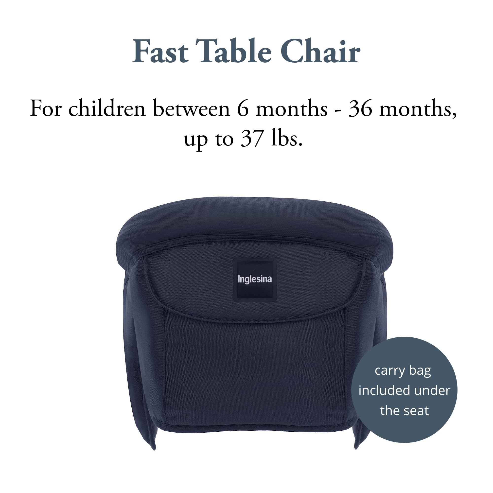 Inglesina Fast Table Chair Navy attached to table edge for stable meals.