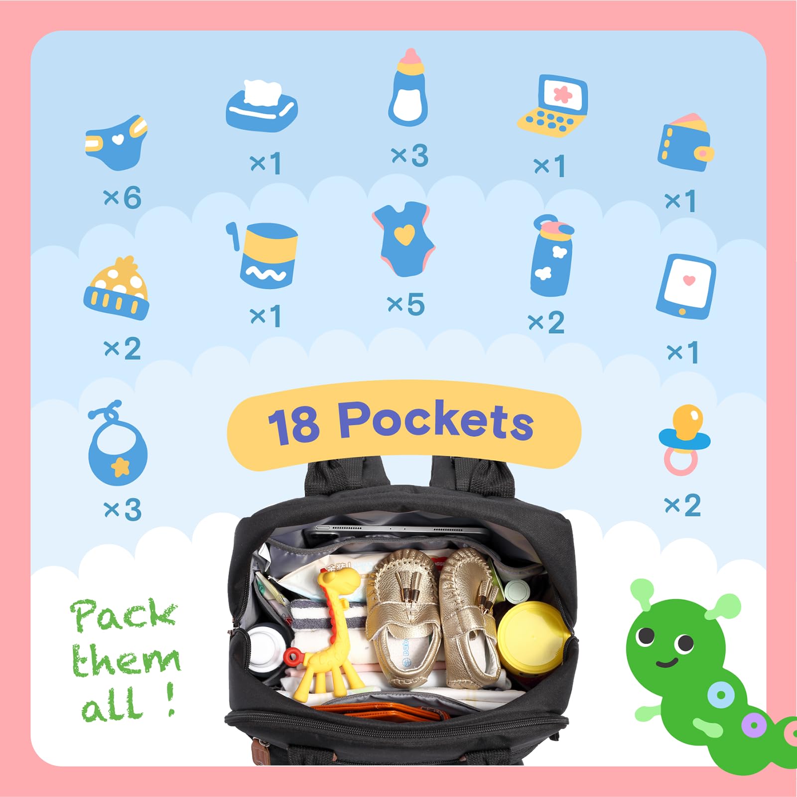 iniuniu Diaper Bag Backpack cushioned shoulder straps for comfortable carrying.
