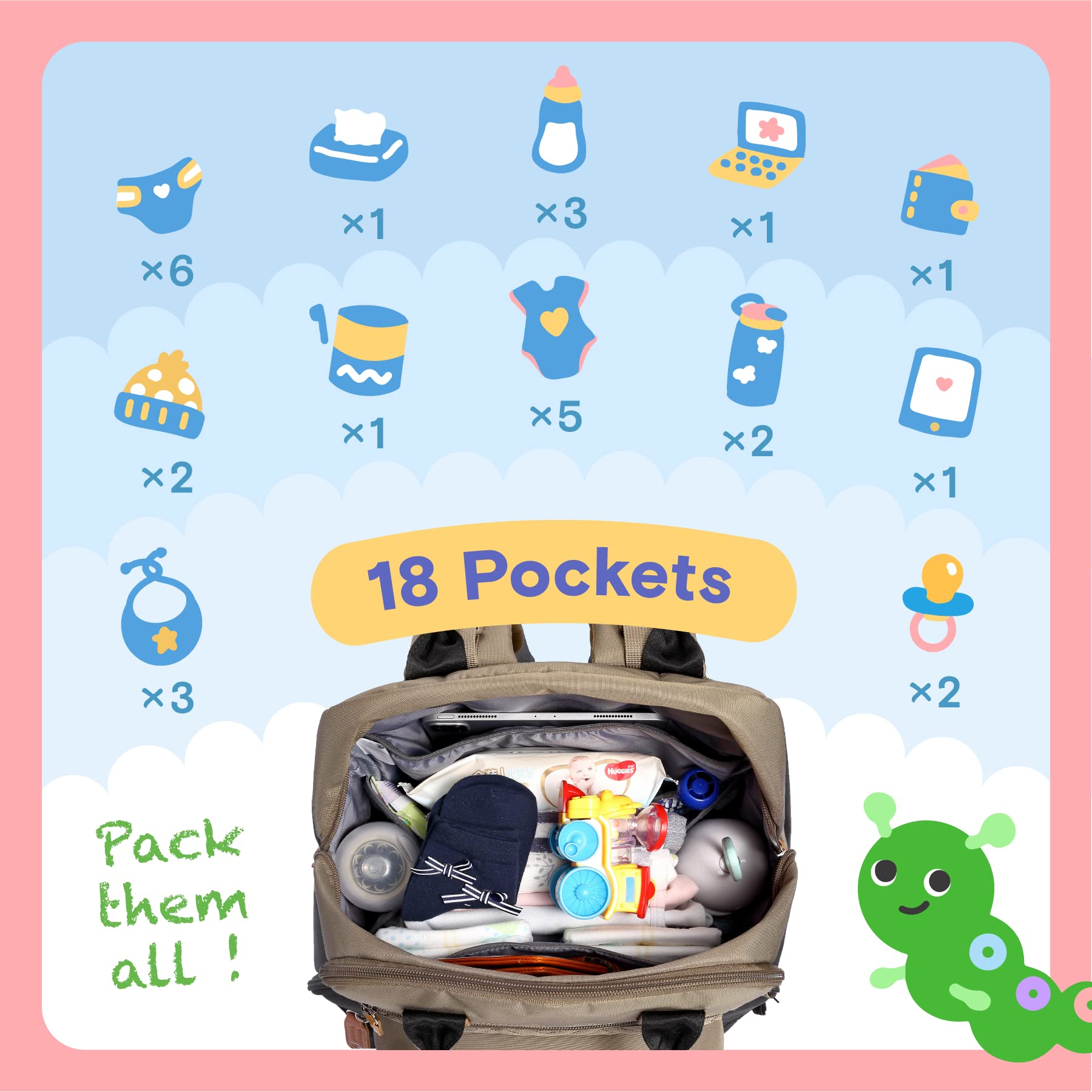 iniuniu diaper bag wipes-pocket open for quick wipe access