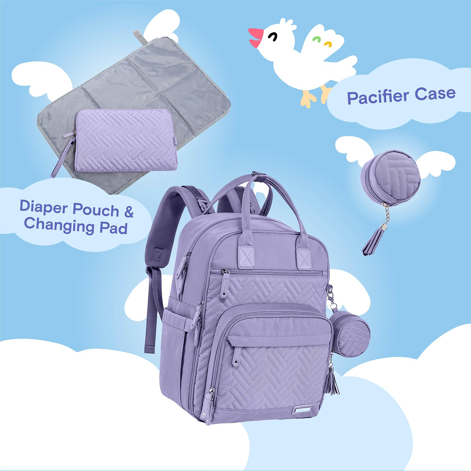 iniuniu diaper pouch with changing pad shows easy on-the-go diapering and cleanup.