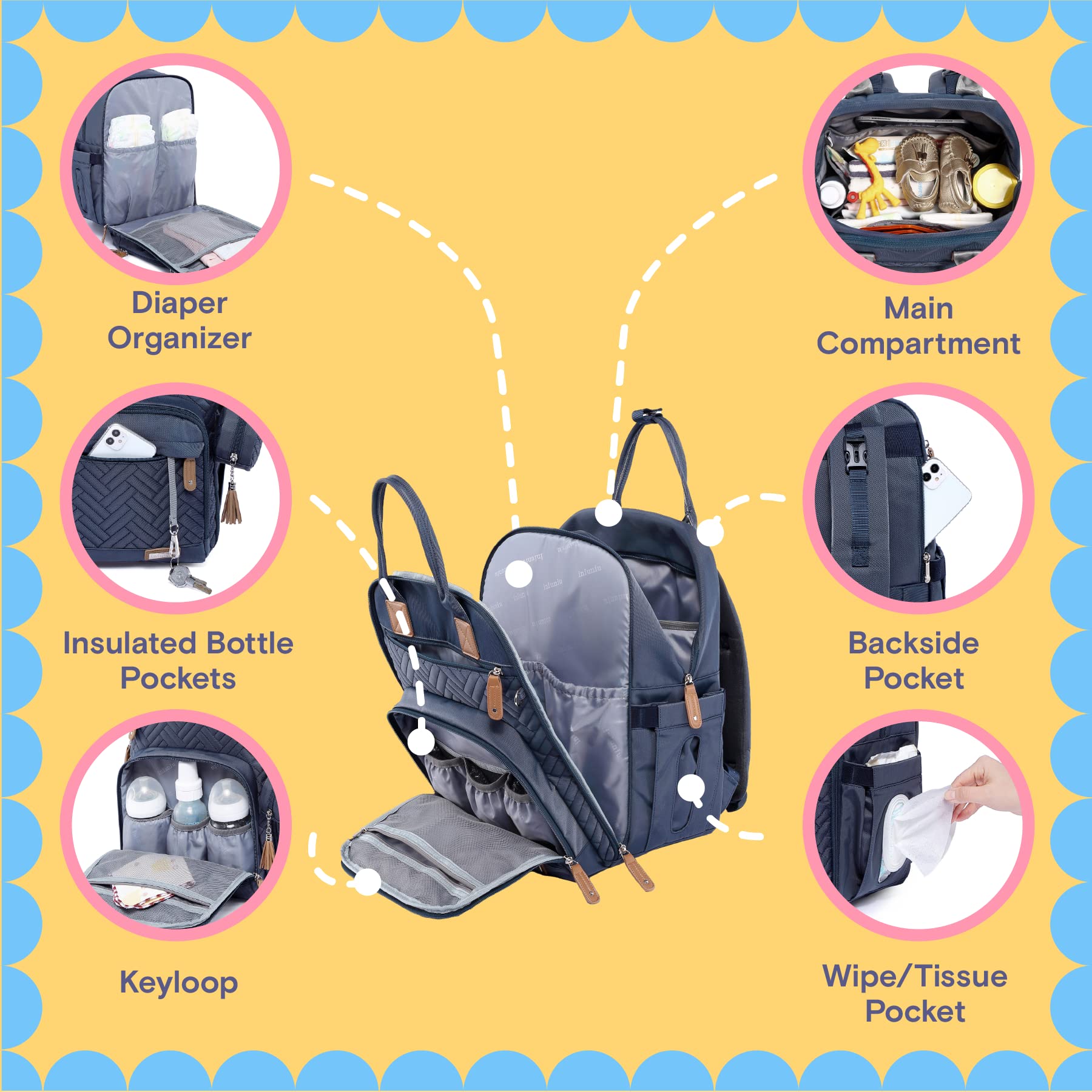 iniuniu diaper pouch with changing mat keeps diapering tidy on the go.