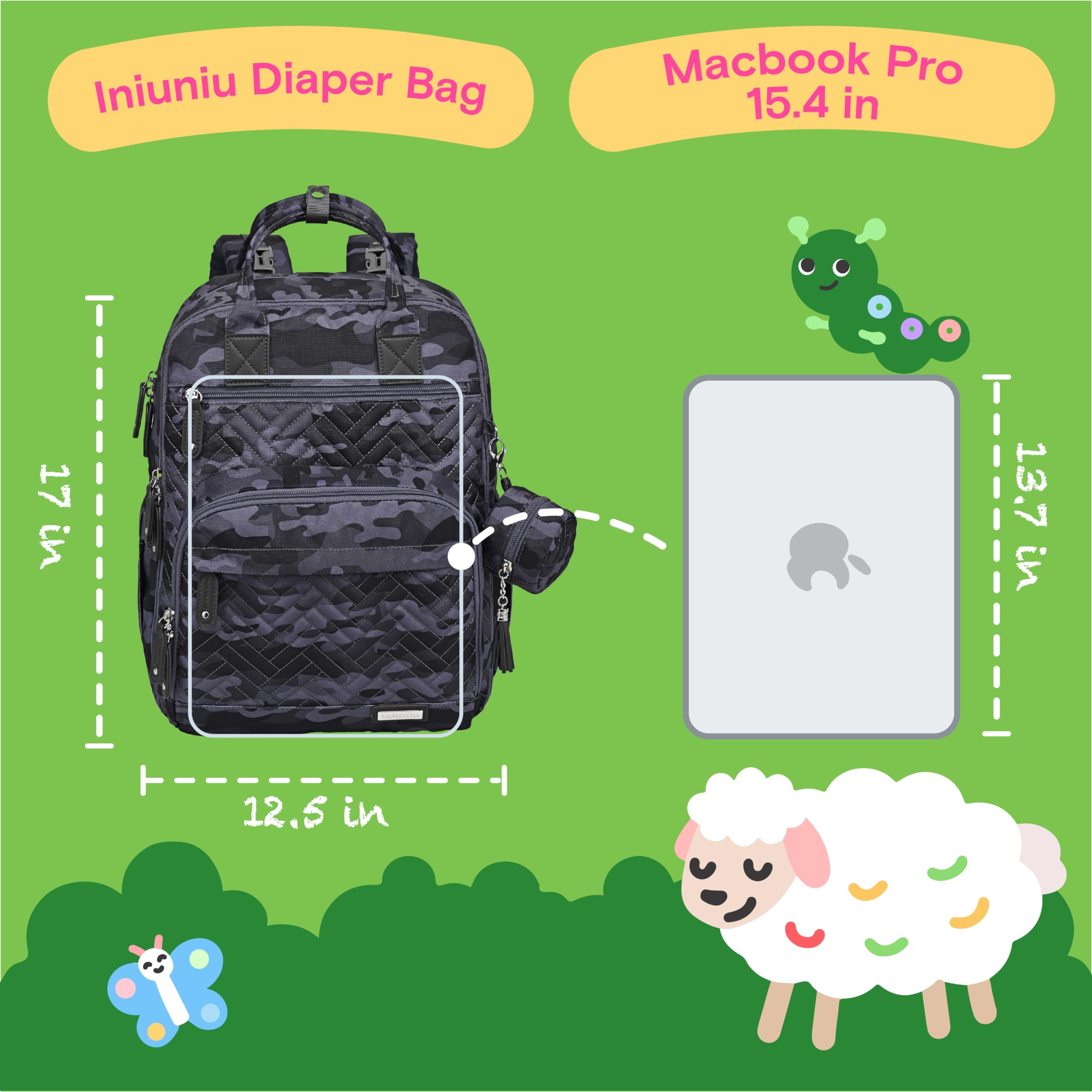 iniuniu wide-opening main compartment provides quick access to baby items.