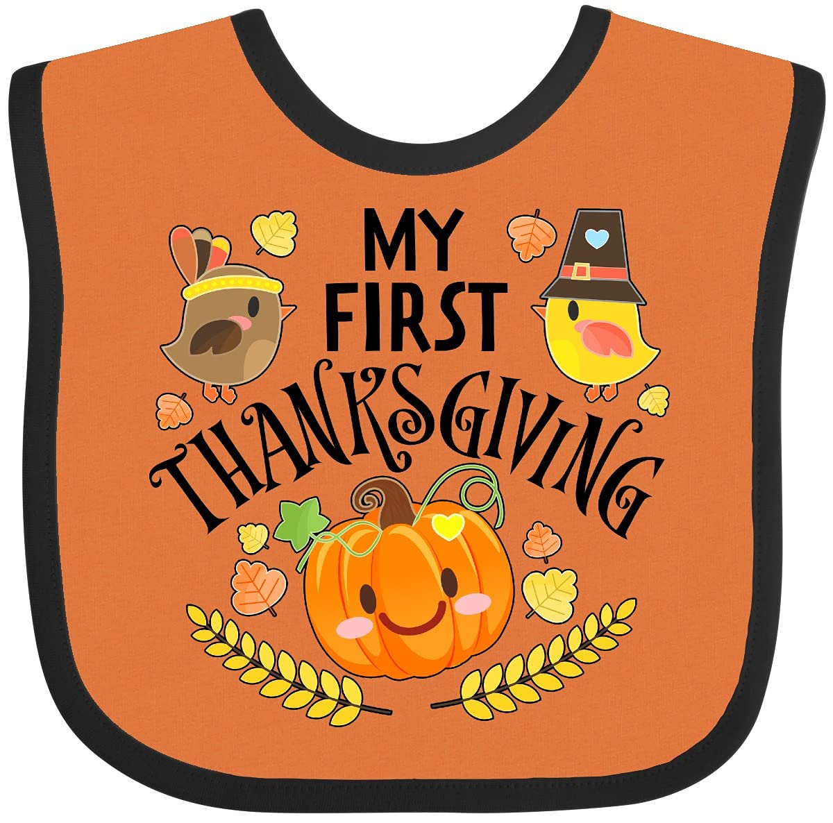 inktastic My First Thanksgiving bib with autumn birds and pumpkin, perfect for festive mealtimes
