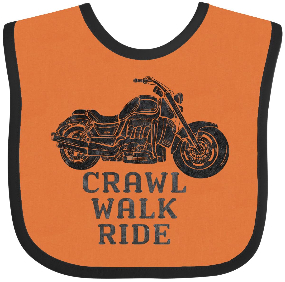 inktastic Crawl Walk Ride bib in orange and black keeps little outfits clean during meals