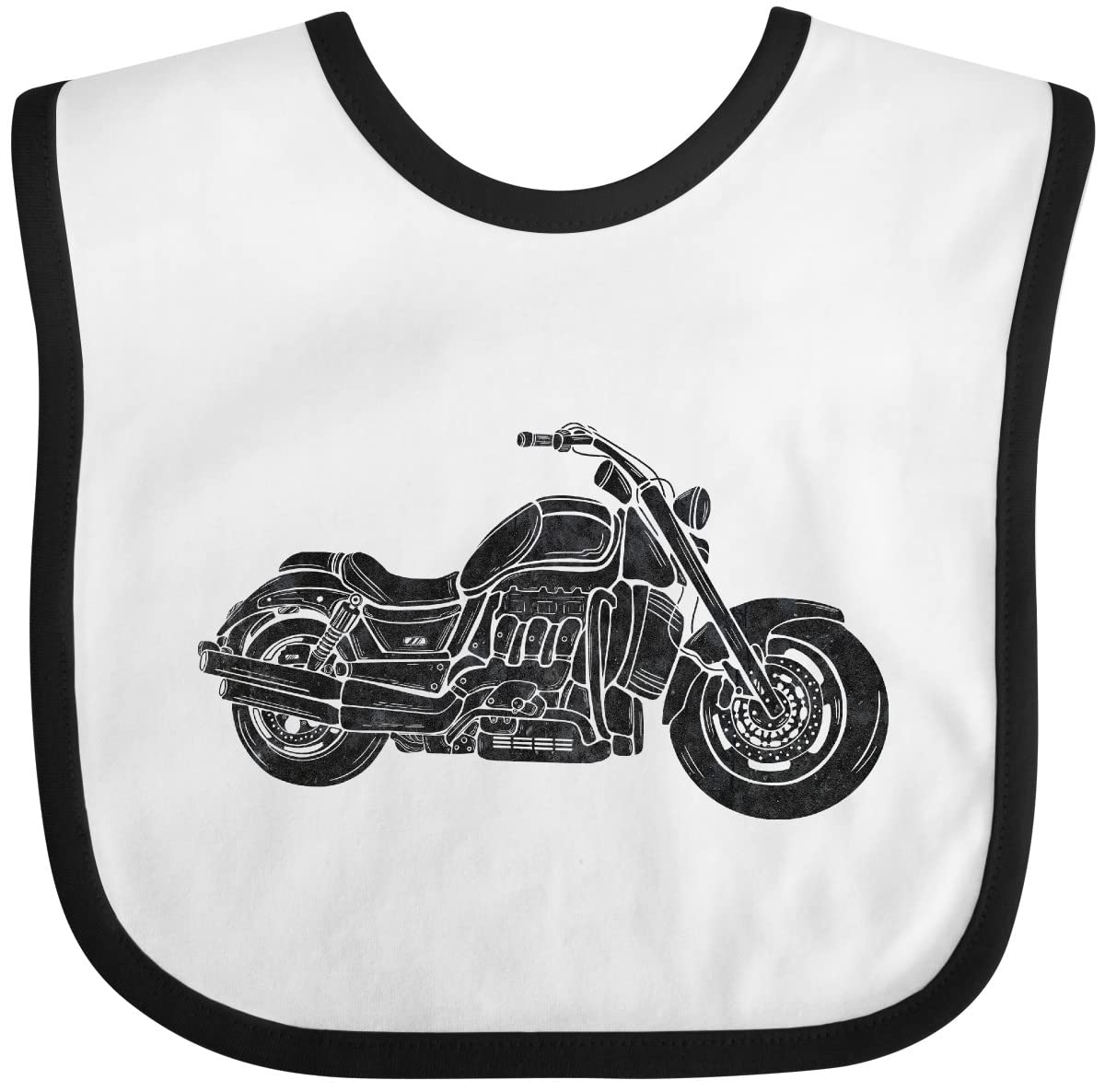inktastic distressed motorcycle baby bib white and black, soft cotton with hook-and-loop closure for easy wear.