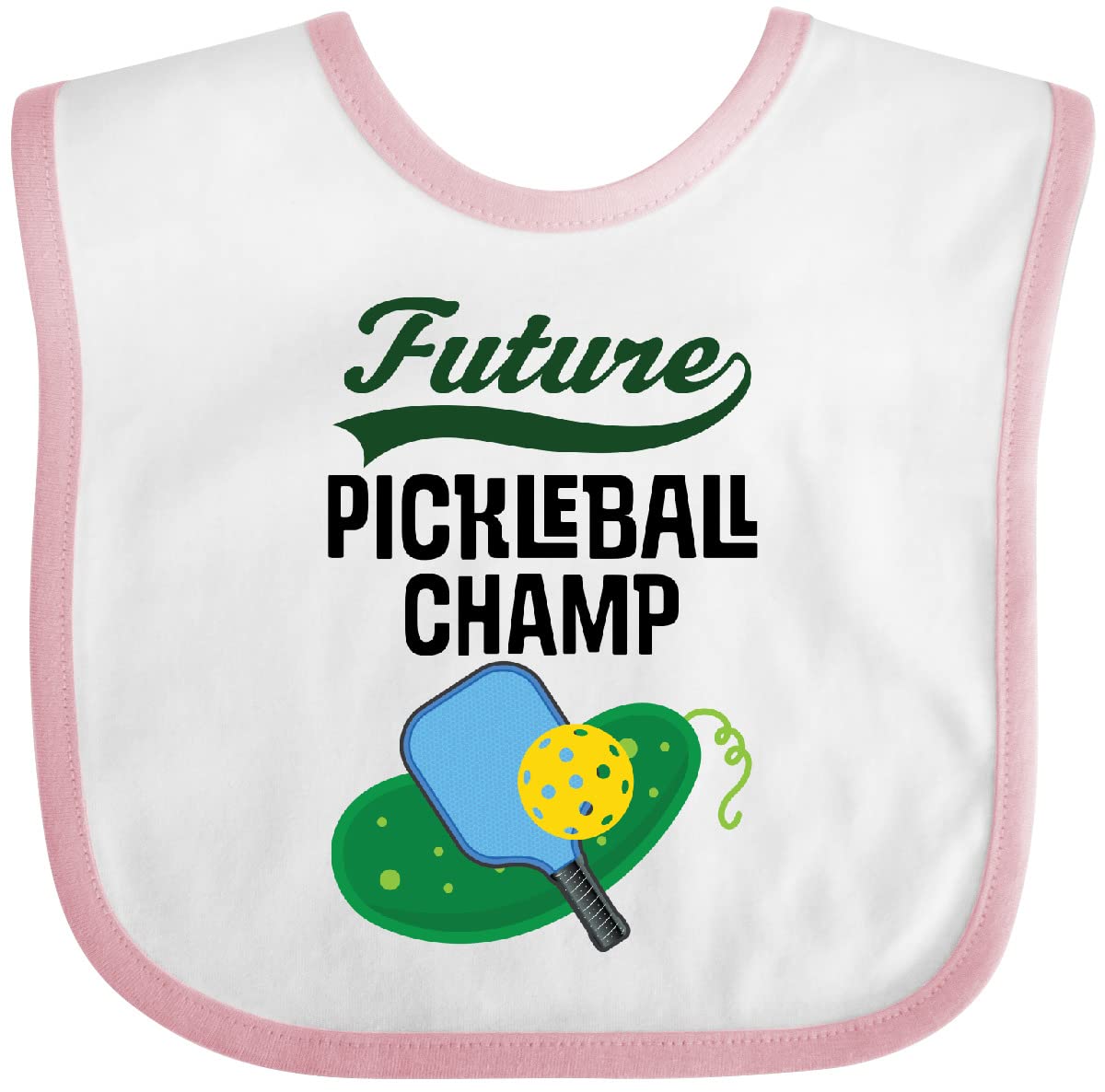 inktastic Future Pickleball Champ Baby Bib with paddle design, soft cotton for mess-free meals
