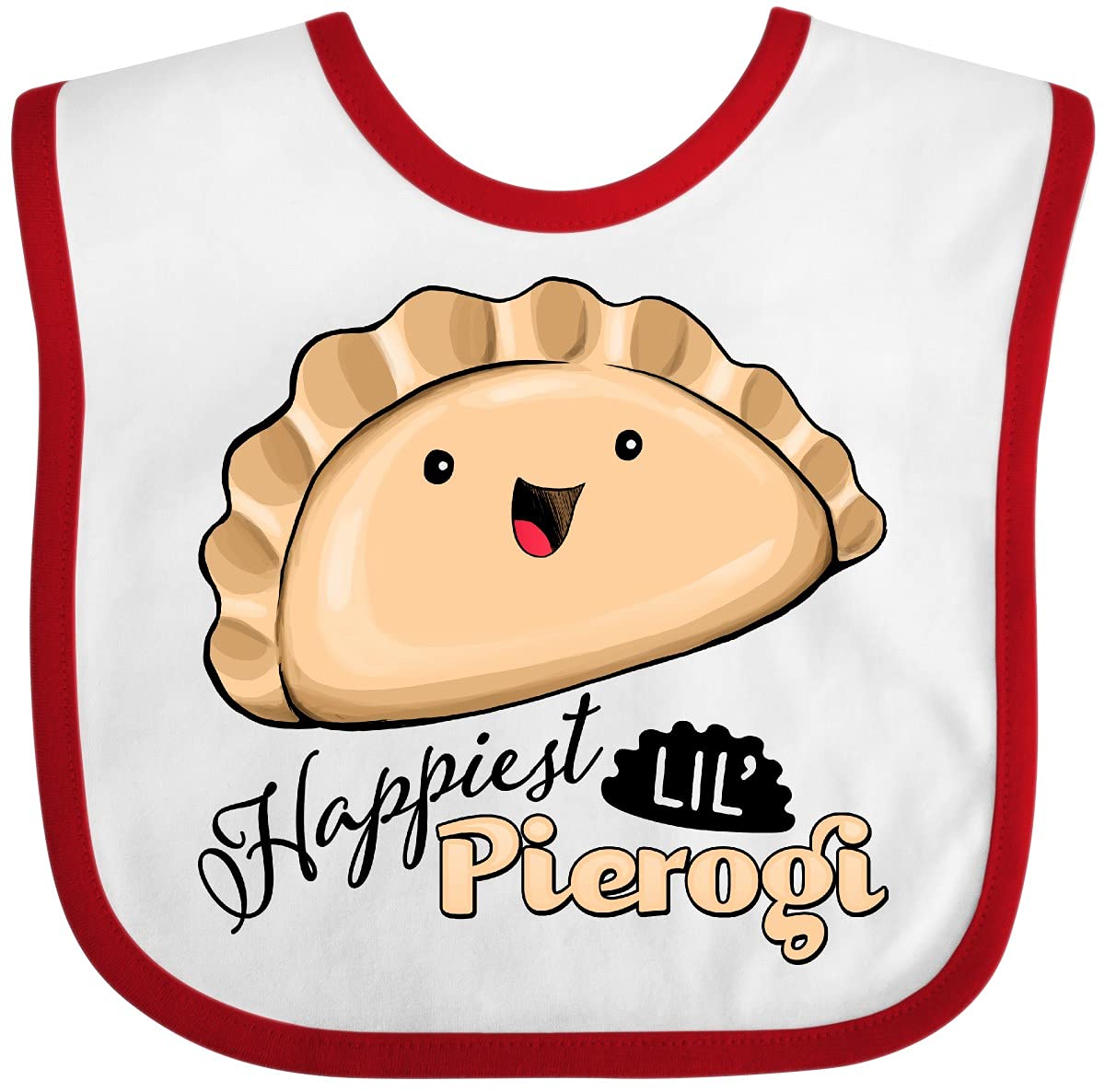 Inktastic Happiest Lil' Pierogi baby bib in white; soft cotton protects outfits during meals.