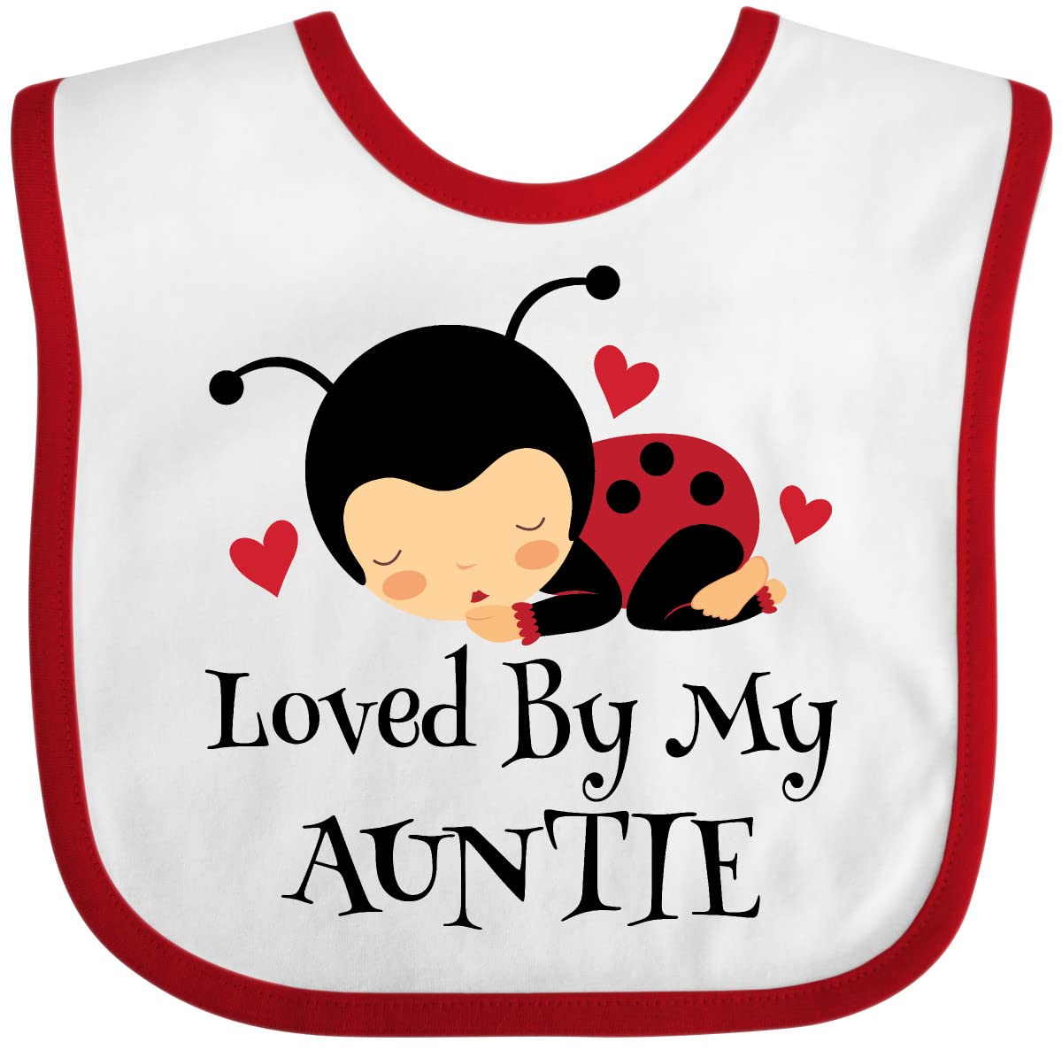 inktastic Loved By My Auntie Ladybug bib in white and red keeps baby clean during meals.